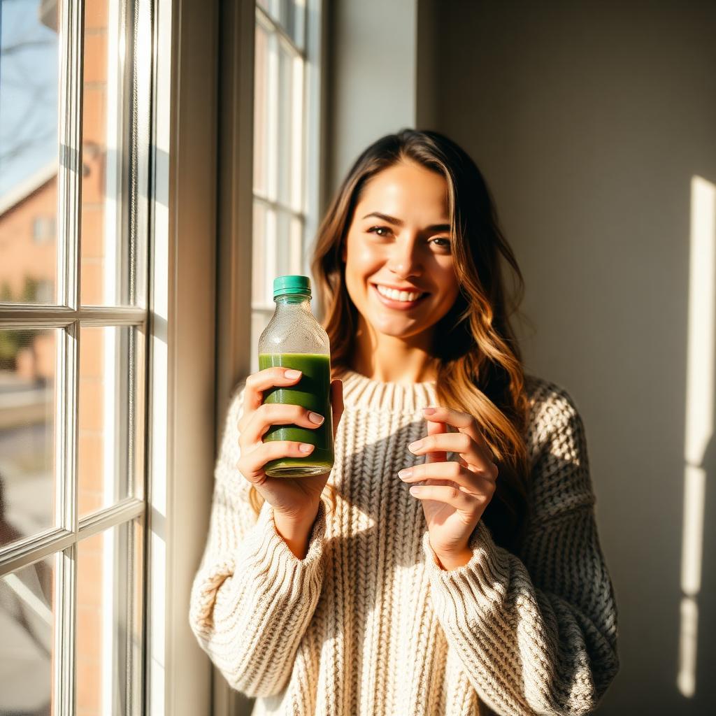 Woman drinking green juice